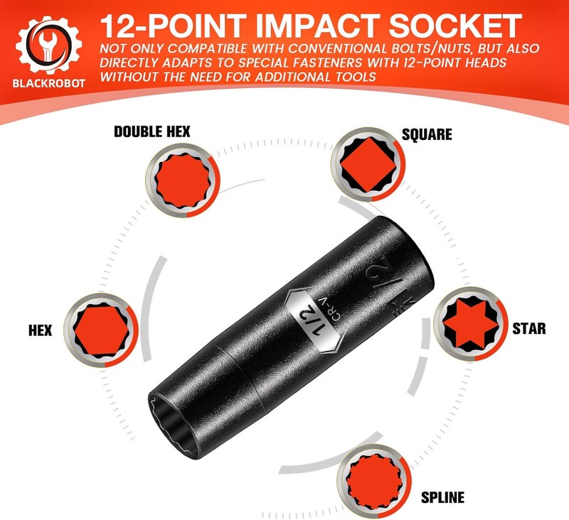 BLACKROBOT 1/2 inch 12-Point Deep Impact Socket, 1/2 Inch Drive, Metric, Cr-V Steel With Black Manganese Phosphate Coating - Image 3